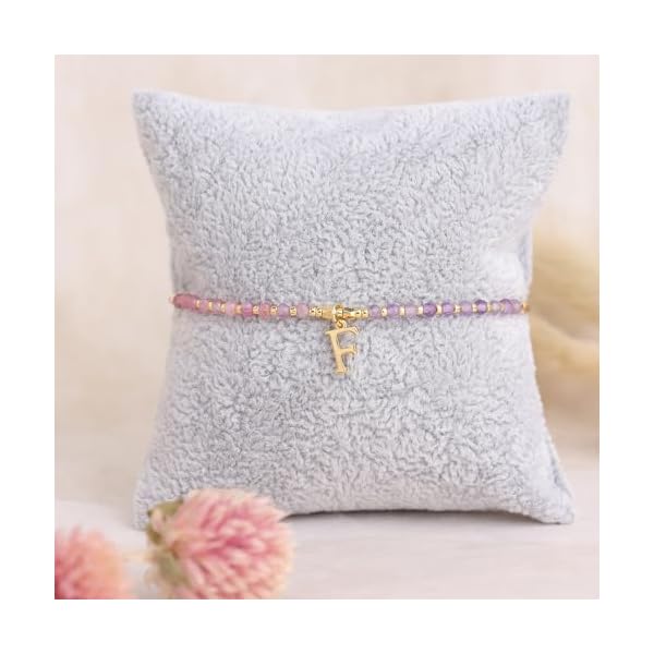 Gold Beaded Natural Stone Initial Bracelets for Women, Boho Handmade Lilac Personalized Gemstone Beads Letter Name Adjustable Bracelet Summer Jewelry Gift - Image 8