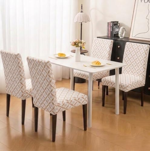 Image of HOMETHREADS Stretchable Elastic Jacquard Chair Seat Cover | Removable, Washable & Durable Chair Protector | Ideal for Dining Room, Kitchen, Restaurant & Party Chairs (F Beige, Pack of 4)