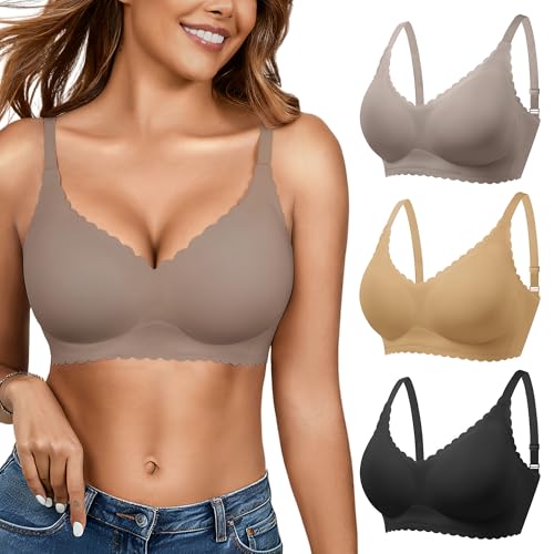Wireless Seamless Bras for Women with Support - No Wire Push Up Womens Bra - No Underwire Padded Comfort Bralettes Breast Lift for Back Fat - Coverage Comfortable Bralette Wirefree 3 Pack(3P3,S)