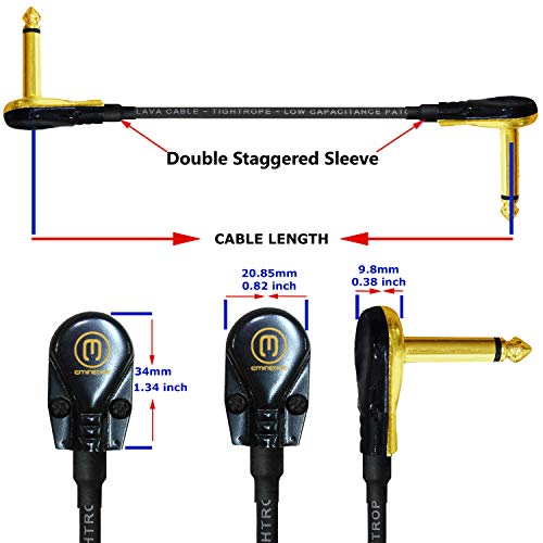 Worlds Best Cables Lava Tightrope (Black) - 2 Foot - Guitar Bass Effects Instrument, S-Shaped Patch Cable With Premium Gold Plated ¼ Inch (6.35Mm), Right Angle Pancake Type Ts Connectors #TOP2