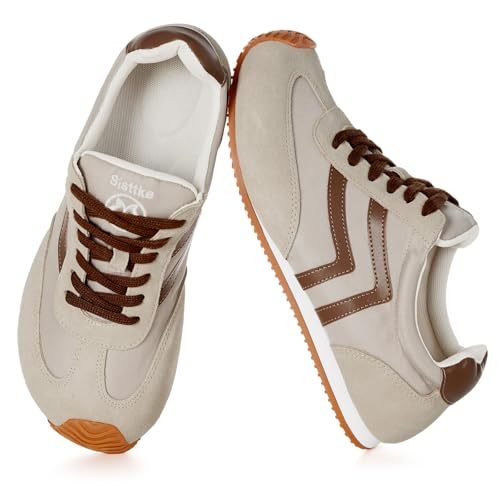 Casual Sneakers for Men Wide Width Fashion Sneakers Genuine Leather Trendy Lace-Up Walking Shoes Lightweight Comfort Non Slip for Outdoor with Memory Foam Insole,Beige,43 EU