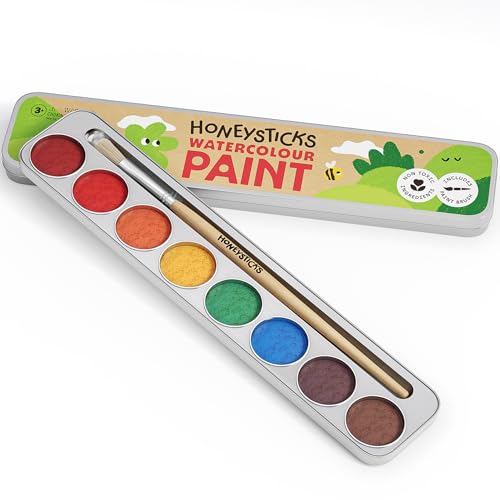 Honeysticks Non-Toxic Watercolor Paint Set for Kids and Toddlers - 8 Vibrant and Long Lasting Colors with Brush - Natural and Food Grade Ingredients - Child Safe Art Supplies - Great Gift Idea