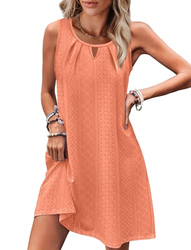 Image of RUMIA Swimsuit Coverup for Women Summer Sleeveless Beach Dress | Crew Neck, Pockets, Eyelet, Boho, Above knee Length, A-Line. Everyday wear, Sundresses, Cruise Wear, Vacation essential