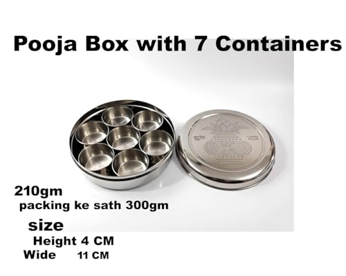 Image of Stainless Steel Round Pooja Box with 7 Containers | Compact Puja Samagri Storage Box | Durable Steel Sindoor Kumkum Chawal Box | 11 cm