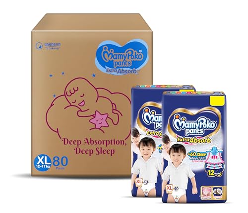 MamyPoko Pants Extra Absorb Baby Diapers, X-Large (XL), 80 Count,...