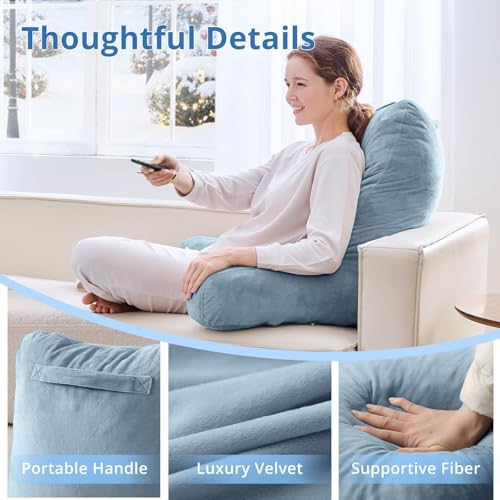 Image of Sasttie Reading Pillow for Bed, Back Pillow for Sitting Up, Greyish Blue | 25 inch Backrest Support Cushion for Couch, Sofa, and Floor, Dorm Essentials, OEKO-TEX, Adjustable Down Alternative Fill