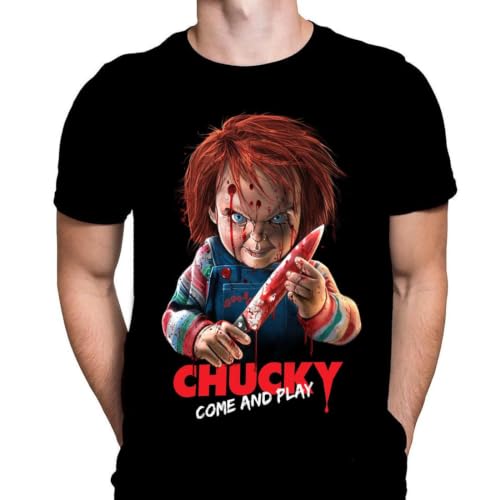 Chucky T-shirt pour homme en coton noir imprimé film d'horreur gothique d'Halloween