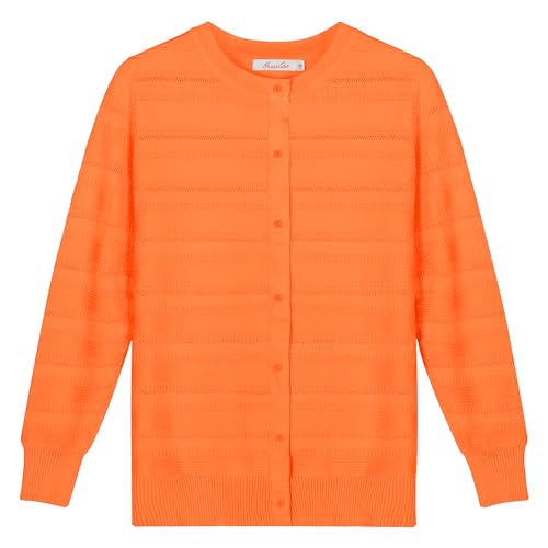 Image of Women's Crew Neck Button Down Hollow Out Stripes Long Sleeve Cardigan Sweater