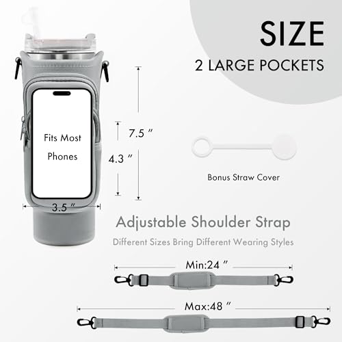 Image of Water Bottle Carrier Bag with Phone Pocket for Stanley Cup 40 /30 oz, Water Bottle Holder with Adjustable Strap& Straw Cover, Stanley Cup Accessories (Grey)