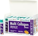 Sunberg Multi Collagen Peptides Liquid Shots - 10,000mg Hydrolyzed Collagen Type I, II, III Hyaluronic Acid Biotin Skin Hair Nail Joints Bones Muscles Teeth - Halal Collagen Complex Supplement 30 Shot