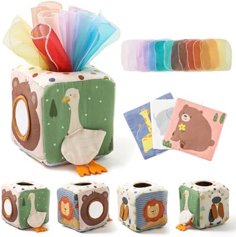 WOODEN TEETHER Tissue Box Montessori Motorikspielzeug, 6-12 Monate Sensorik Baby Spielzeug mit Spiegel, Farben, Texturen, Kinder Frühes Lernspielzeug für Jungen Mädchen Geschenke