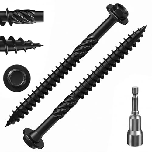 Image of Zynthor 50Pcs 6.7 x 50mm Wood Screws, Black Carbon Steel Hex Washer Head Coach Screws with Driver Bit, Timber and Sleeper Screws for Decking, Fencing, Pergolas and Timber Frames