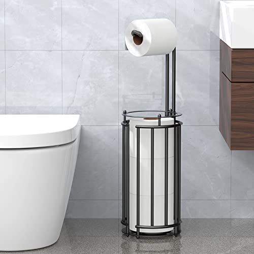 Meangood Toilet Paper Holder Stand And Tissue Paper Roll Dispenser For 4 Mega Rolls, Bathroom Free Standing Tissue Roll Storage Holder Rack,Detachable (Black) #TOP2