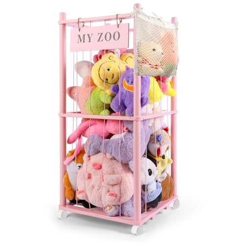 Image of GLDZI Stuffed Animal Storage Zoo with Wheels, Wooden Stuffed Animal Organizer with Elastic Cords, Space Saving Toy Plushies Storage Holder for Playroom, Bedroom, Living Room(Pink, Small)