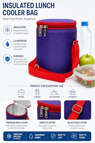 Image of Insulated Lunch Bag, Polyester, Water Resistant, Classic Style, for Office, School and Travelling, 1 Litre (Without Containers, Size-6.5 X 6 X 6)