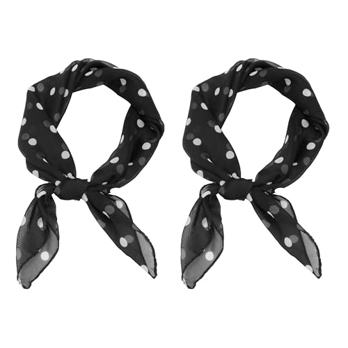 VIGUEUR 2PCS Polka Dot Scarf 50S - Black and White Chiffon Hair Tie, Vintage Neckerchief for Women
