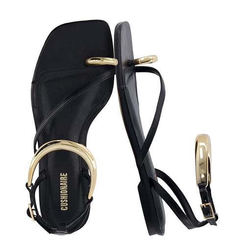 CUSHIONAIRE Secret Flat Sandals for Women with Gold Ankle Cuff and Toe Ring Strap Vegan Leather Dress Sandals BLACK 8