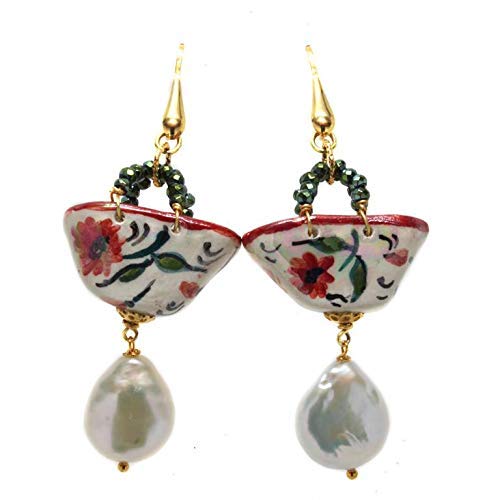  Orecchini donna Coffa papaveri con perle scaramazze. Gioielli in Ceramica Artigianali dipinti a mano, made in italy
