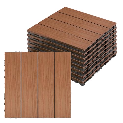 9PCS 4 Slats WPC Interlocking Deck Tiles Outdoor Composite Decking Boards, 30 x 30cm Outdoor Waterproof Interlocking Wood Grain Floor Tiles Decking for Poolside, Garden, Balcony, Mahogany