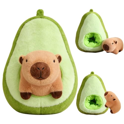 SKIPTHYBER Capybara Avocado Kuscheltier Cartoon Plüschtier Puppe 2 In 1 Abnehmbar Süßes Wasserschwein Plüschspielzeug Stofftier für Home Deko Geschenke 35cm