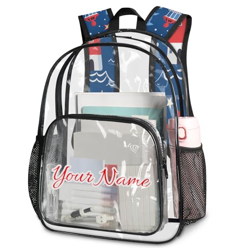 Personalized Large Clear Backpack Stadium Approved Heavy Duty PVC Plastic Custom Nautical Coastal Transparent Backpacks See Through Bag with Name, Ocean Beach Lighthouse