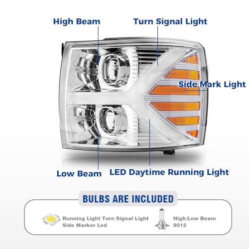 Halogen Projector Headlights Assembly for 2007-2013 Chevy Chevrolet Silverado 1500/ 2007-2014 Silverado 2500 3500 HD, Upgrade Y-Style LED DRL Bar, Chrome Housing, Reflector with Amber Stripes by MerveilLuz - Used condition - Image 3