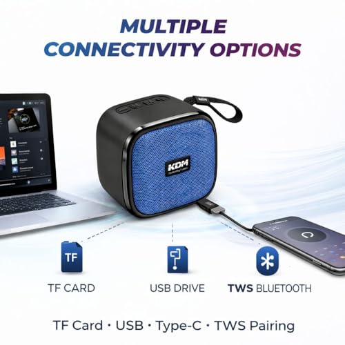Image of KDM 30 DotCom Portable Bluetooth Speaker, 5W Clear Sound, 8H Playtime, TWS Pairing, FM Radio, Hanging Strap, USB /TF, Type-C Charging, Compact Design,Blue