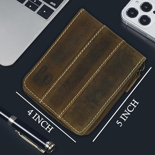 Image of Men's Leather Wallet | RFID Blocking | Slim Bi Fold with Multiple Card Slots and Zip Protection | Card & Money Organizer | Classic Style Leather Wallet | Travel Office Carry | Brown