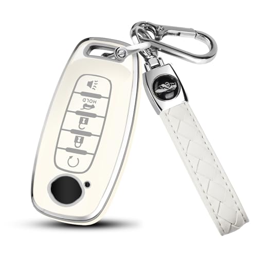 FT FUNTOR for Nissan Key Fob Cover 5 Buttons TPU Key Cover with Silver Edge Compatible with 2023 2024 2025 Nissan Pathfinder Rogue Sentra Versa Patrol Platinum Armada with Keychain (5-White)