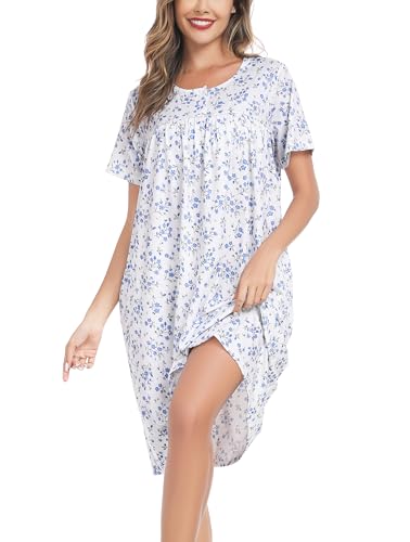 Vlazom Womens Nighties Button Front Long Nightdress Pleated Lace Nightgowns Luxury Soft Touch Nightgshirt with Pockets Cobalt Blue Flower M