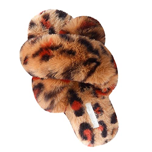 HALLUCI Women's Cross Band Soft Plush Fleece House Indoor or Outdoor Slippers (Small, Brown/Leopard)