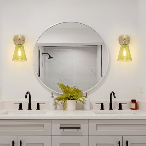 Image of MWZ Gold Wall Sconce Decor Set of 2,Modern Brushed Brass Sconces Lighting with Green Glass Shade,Bathroom Light Fixtures Over Mirror,Vanity Lights Over Sink,Indoor Wall Mount Adjustable Angle Lamp
