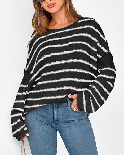 BTFBM Women's Striped Knit Sweaters 2025 Spring Fall Boat Neck Off Shoulder Long Sleeve Oversized Casual Pullover Tops