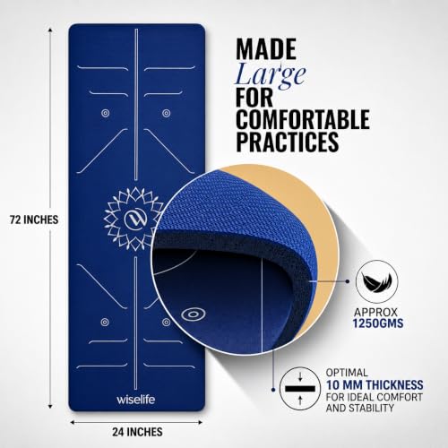 Image of WiseLife Lotus Alignment 10mm Yoga Mat with Strap | Non-Slip Thick Exercise Mat for Yoga, Pilates, Gym & Flexibility Training (Blue)