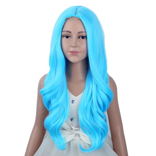 Image of Light Blue Wig Long Blue Middle Part Wig Long Wavy Curly Wigs Heat Resistant Synthetic Wigs for Daily Party Use