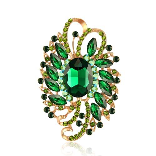 YOQUCOL Flower Shape Large Brooch Pin for Women Big Brooch with Green Crystal Fashion Floral Brooch for Dress Hat Decoration