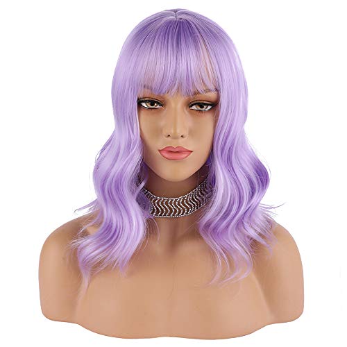 Enilecor Lavender Purple Wig Short Colorful Wavy Bob Wigs With Air Bangs 12" Natural Wigs For Women #TOP1