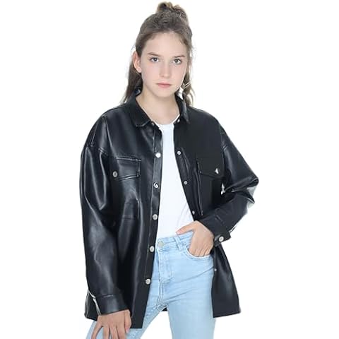 Mebius Girls Oversize Leather Jacket Kids Boys PU Leather Shacket Oversized Pockets Button Up Coats Black 6Y Cover