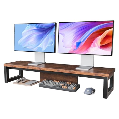 HEWORLIF Dual Monitor Stand Riser, Wood and Steel Monitor Riser, Long Computer Monitor Stands for...
