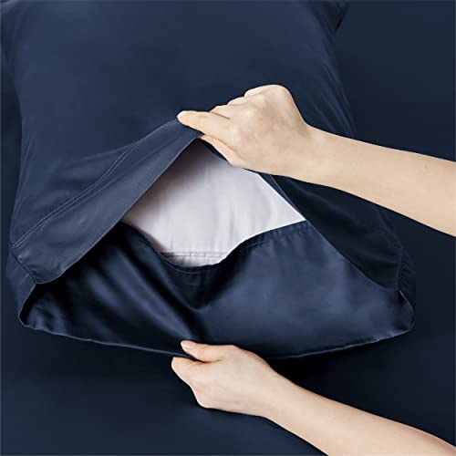 Image of Bedsure Cooling Sheets Twin, Rayon Derived from Bamboo, PureWoven, Breathable & Soft Twin Sheets Set, Deep Pocket Up to 16 Inches, Hotel Luxury Silky Bedding for Hot Sleepers, Navy