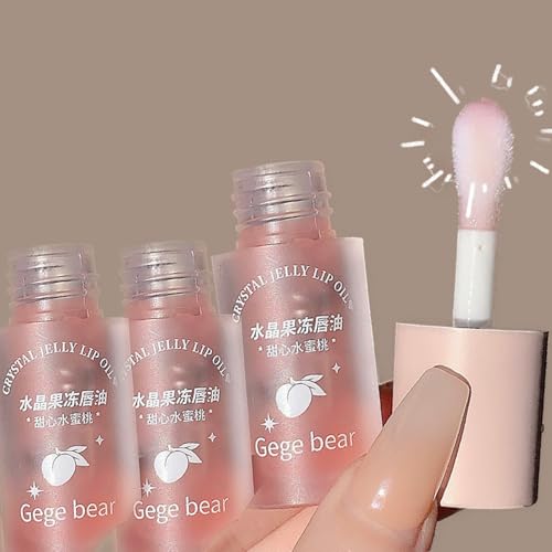Image of Gege Bear Crystal Jelly Lip Oil : Fruity Lip Gloss for Luscious, Glossy Lips for Women, Clear Transparent Lip Oil with Fruity Essence (3-Pack, Peach)