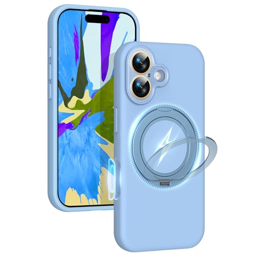 Image of Silicone 360 Spin Magnetic Stand Case for iPhone 17, [Compatible with Mag-Safe][Reinforced Hard Camera Protection]Shockproof Liquid Silicone Rubber Phone Case Cover with Ring, Camera Button, Sky Blue