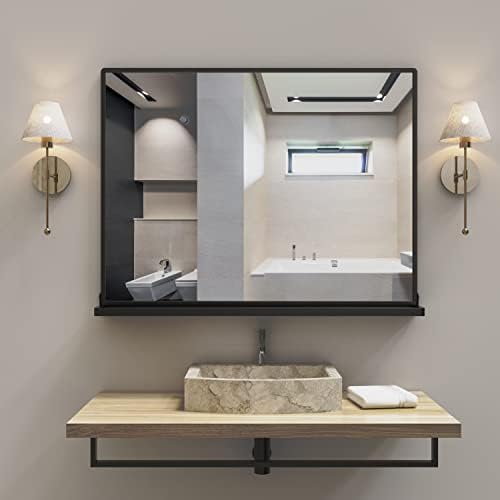 WONSTART Black Bathroom Mirror With Shelf - 24x20 Inch Rectangle Wall Mirror, Metal Frame, Hangs Horizontal Or Vertical - View #10