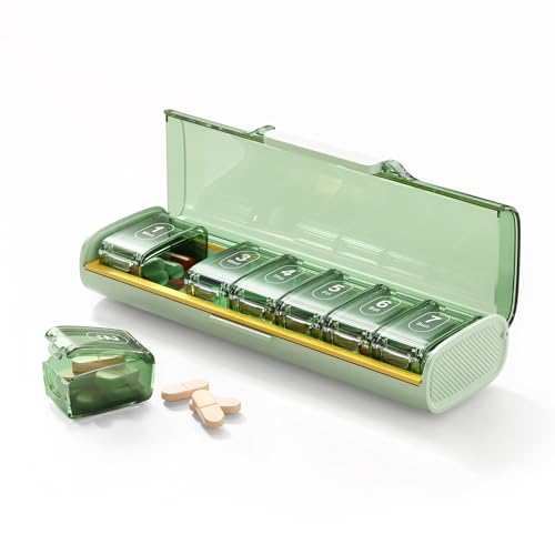 Weekly Pill Organizer Portable 7 Day Pill Box Moisture Proof Medicine Pill Organizer Travel Pill Case with BPA-Free Material Pocket-Size for Supplements & Vitamins (Green)