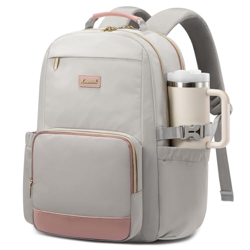 Image of LOVEVOOK Laptop Backpack for Women with Pouch Pocket for Large Capacity Cup,15.6 Inch Laptop Computer Bag Travel Backpack Purse,Waterproof Work Business Backpack College Teacher Bags,Gray-Pink