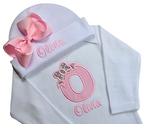 Baby Girl Embroidered Initial Bodysuit And Matching Beanie Hat Gift Set With Your Custom Name (Pink & Gray Dot) (0-3 Months) #TOP1