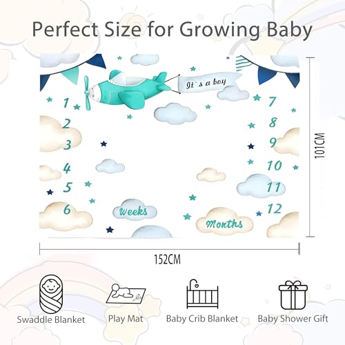 Image of Airplane Theme Baby Monthly Milestone Blanket for Boys, Soft Flannel Aircraft Pilot Cloud Stars Pattern Photography Prop Baby Shower Age Newborn Mom Gifts Nursery Decor (Turquoise, 60x40in)