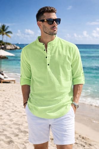 Image of Men's Cotton Blend Straight Kurta Shirt with Mandarin Collar - Slim Fit Casual Short Kurti Featuring Textured Slub Fabric and Roll-Up Full Sleeves
