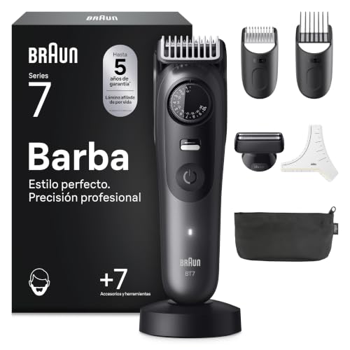 Braun Recortadora de Barba Series 7 BT7525, +7 Accesorios para Barba, 40 Longitudes, Lámina ProBlade, Gris