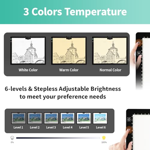 A3 Light Board for Diamond Painting - Rechargeable Tracing Light Box with Carry Bag, 3 Colours Stepless Dimmable 6 Levels Brightness Light Pad, Battery Powered Portable Light Pad for Tracing by TSOCOS - Image 4